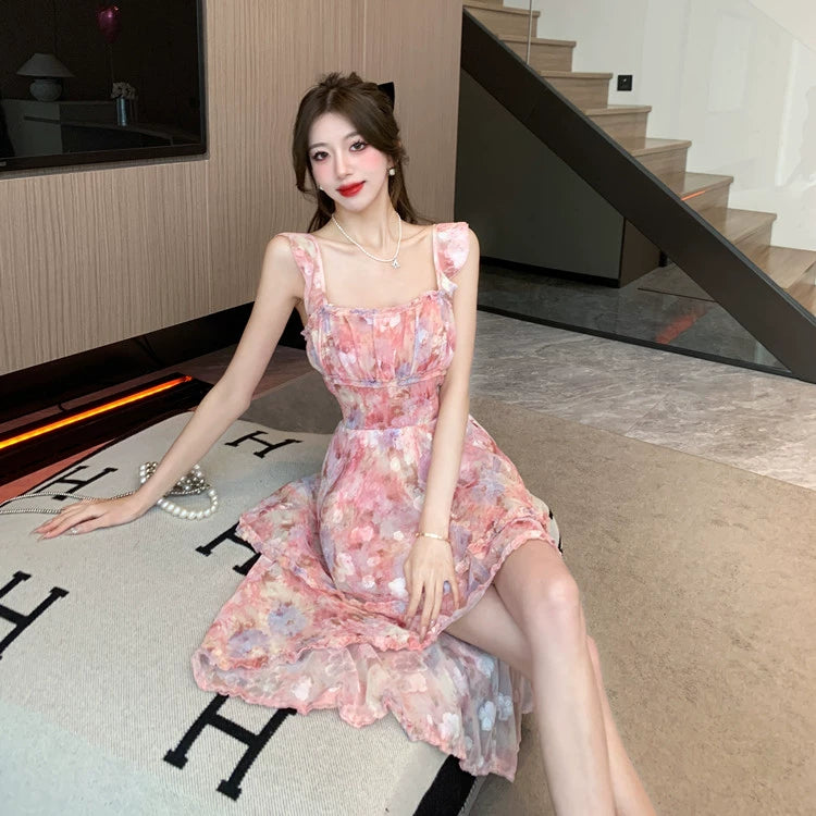 Fashion women's wear Sexy Halter Strap Floral Dress Women's Summer Seaside Vacation Beach Fairy Dress Irregular Trailing Skirt