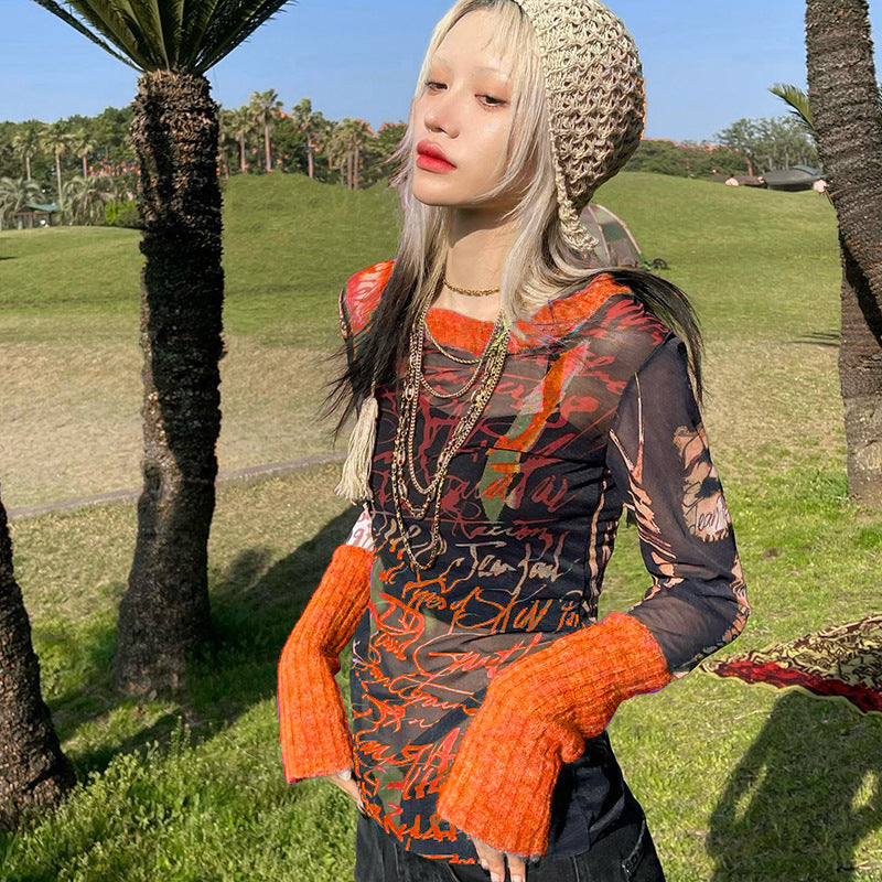 Fashion women's wear Q22tp540 Autumn New 2024 round Neck Pullover Long Sleeve Mesh Printed Casual  Women's Clothing Top T-shirt