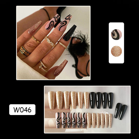 黑色金闪穿戴甲法式nails 跨境美甲片外贸假指甲棺材甲型美甲贴片