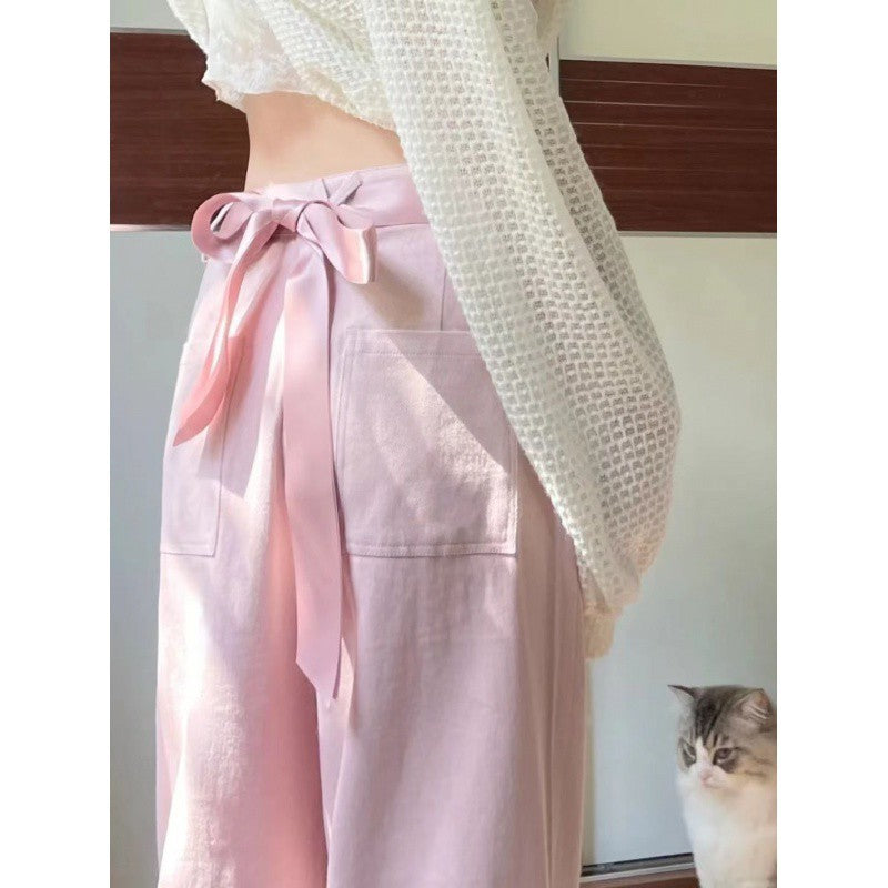 Free shipping  Pink dopamine bow strap casual jeans women's summer new high-waisted loose and thin wide-leg trousers pants
