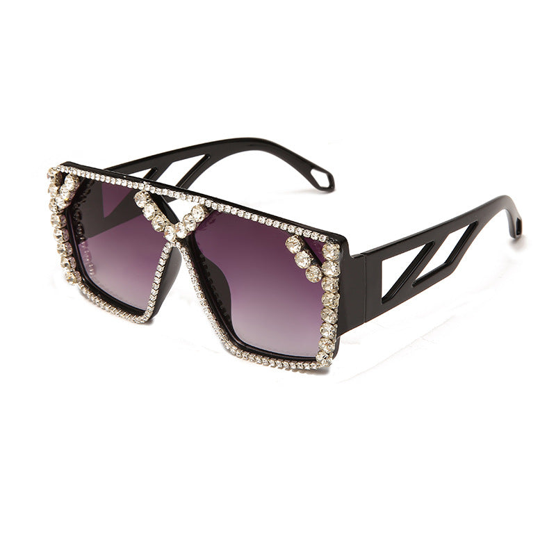 European and American personality large frame diamond sunglasses, exaggerated round face, UV resistant sunglasses, large box outdoor sunglasses for women