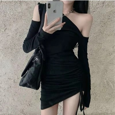 Free shipping   new sexy off-the-shoulder temperament slim-fitting hip skirt short skirt slim tight black dress trendy
