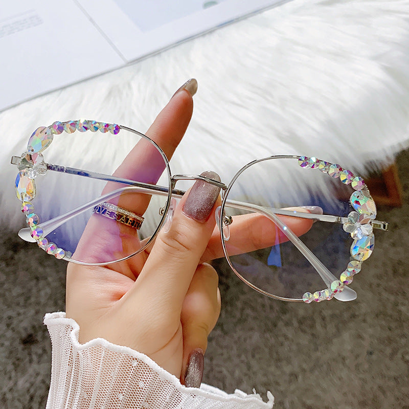Women's fashion glasses镶钻防蓝光防疲劳眼镜女电脑护目平面无度数玩手机保护眼睛