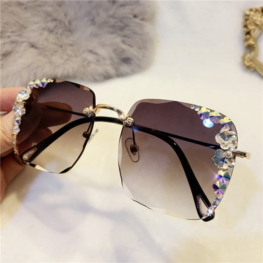 Women's fashion glasses 网红新款韩版水钻太阳镜女防紫外线镶钻墨镜无框潮ins小香风眼镜