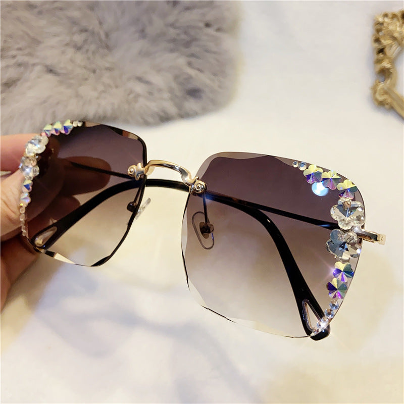 Women's fashion glasses 定制加工韩版水钻太阳镜女防紫外线镶钻墨镜无框潮ins小香风眼镜