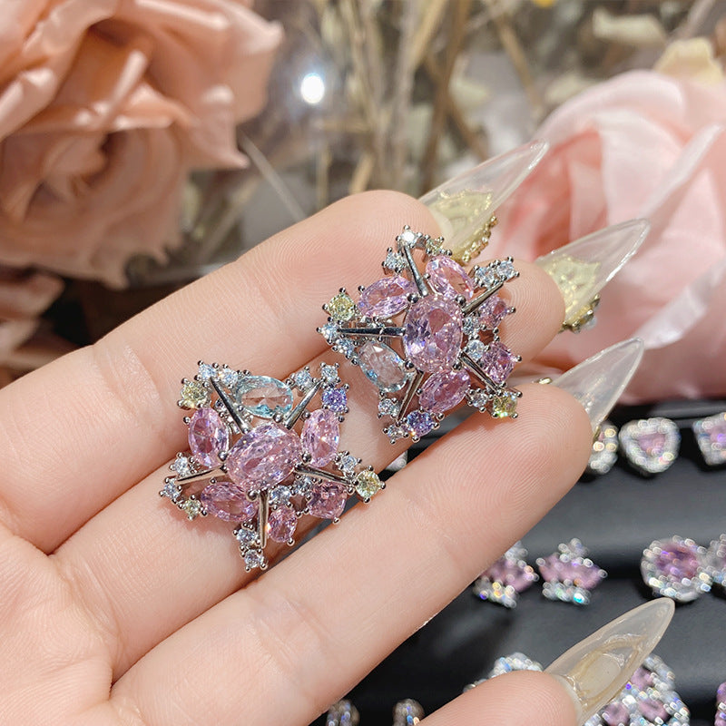 山茶璀璨粉宝石爱心耳饰 设计师镀18K金高定轻奢款蝴蝶结锆石耳钉