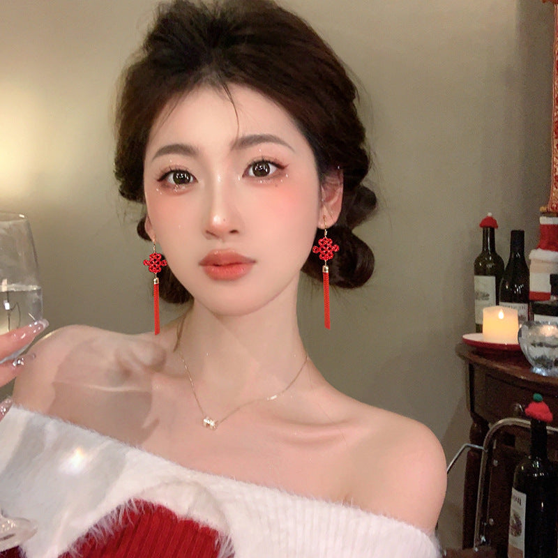 镶钻锆石中国结流苏耳扣过年喜庆百搭耳环新年高级感气质耳饰批发