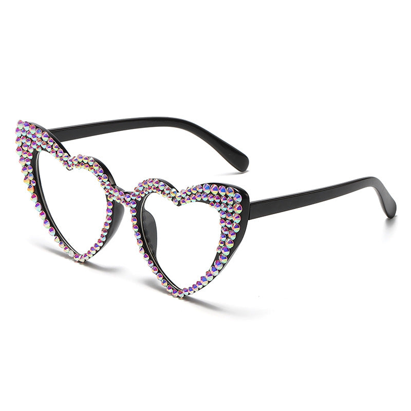 Women's fashion glasses 新款复古跨境镶钻太阳镜时尚桃心爱心墨镜女士金属铰链大框个性眼