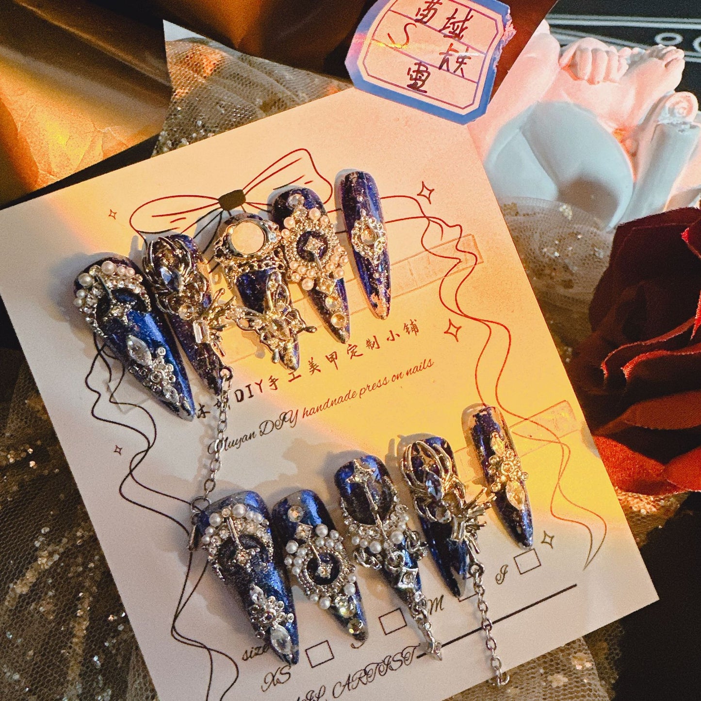 (Hand-Made Nail) Yanyan Handmade Nail Heavy Industry Miao' S Poison Luxury Dark Non-Mainstream Style Hot Girl Nail Beauty Rhinestone Wear Nail