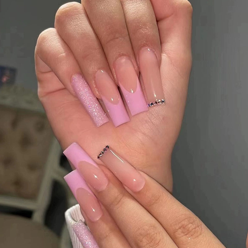 (Hand made nail) European and American Spicy Girl Super Long Instagram Dark Small Stand Retro Trapezoidal Shining Diamond Beauty False Nail Patch Detachable Wearable Nail