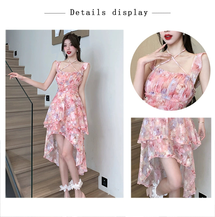 Fashion women's wear Sexy Halter Strap Floral Dress Women's Summer Seaside Vacation Beach Fairy Dress Irregular Trailing Skirt