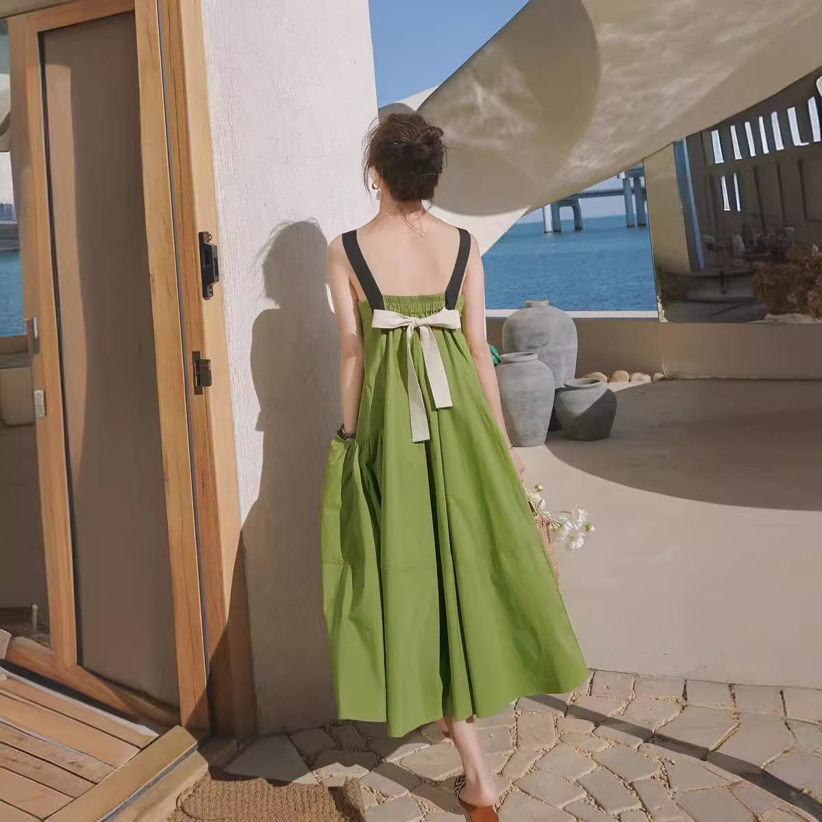 Fashion women's wear Real Shot Design Sense Niche Avocado Green Sling Dress Women's Summer Covering Belly Thin Sanya Vacation Style Dress