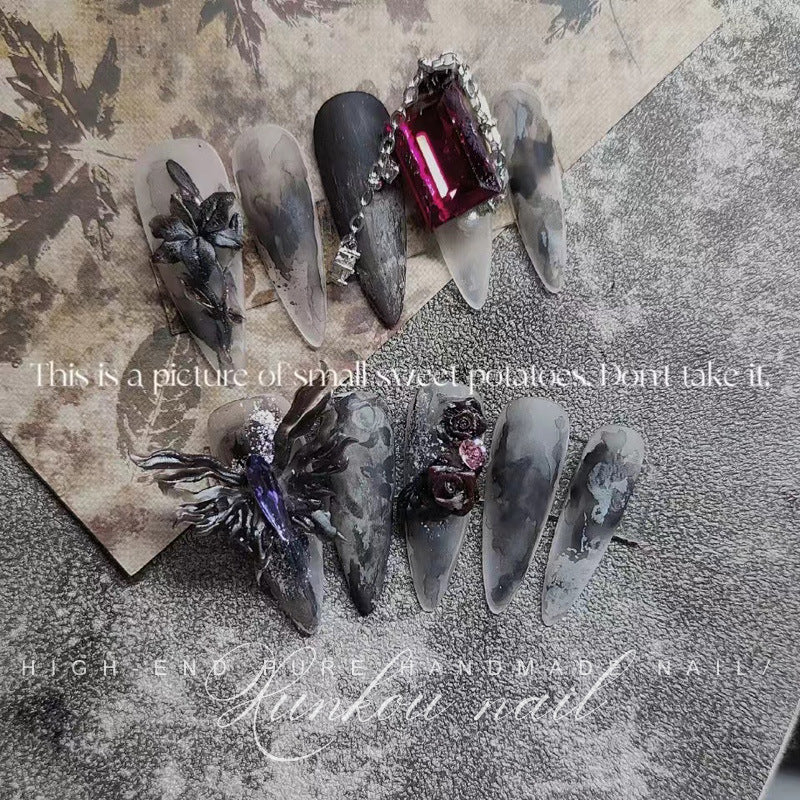 (Hand-Made Nail) Dark Retro Glitter Blue Hand-Painted Butterfly Black Cool Girl Dark Sweet Cool Baroque Hand-Worn Nail Finished Product