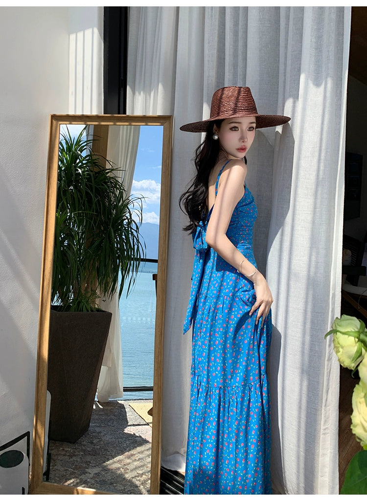 Fashion women's wear off-Shoulder Spaghetti Straps Dress Women's Summer Sanya Seaside Holiday Beach Skirt Floral Backless Waist Trimming Ankle-Length Dress