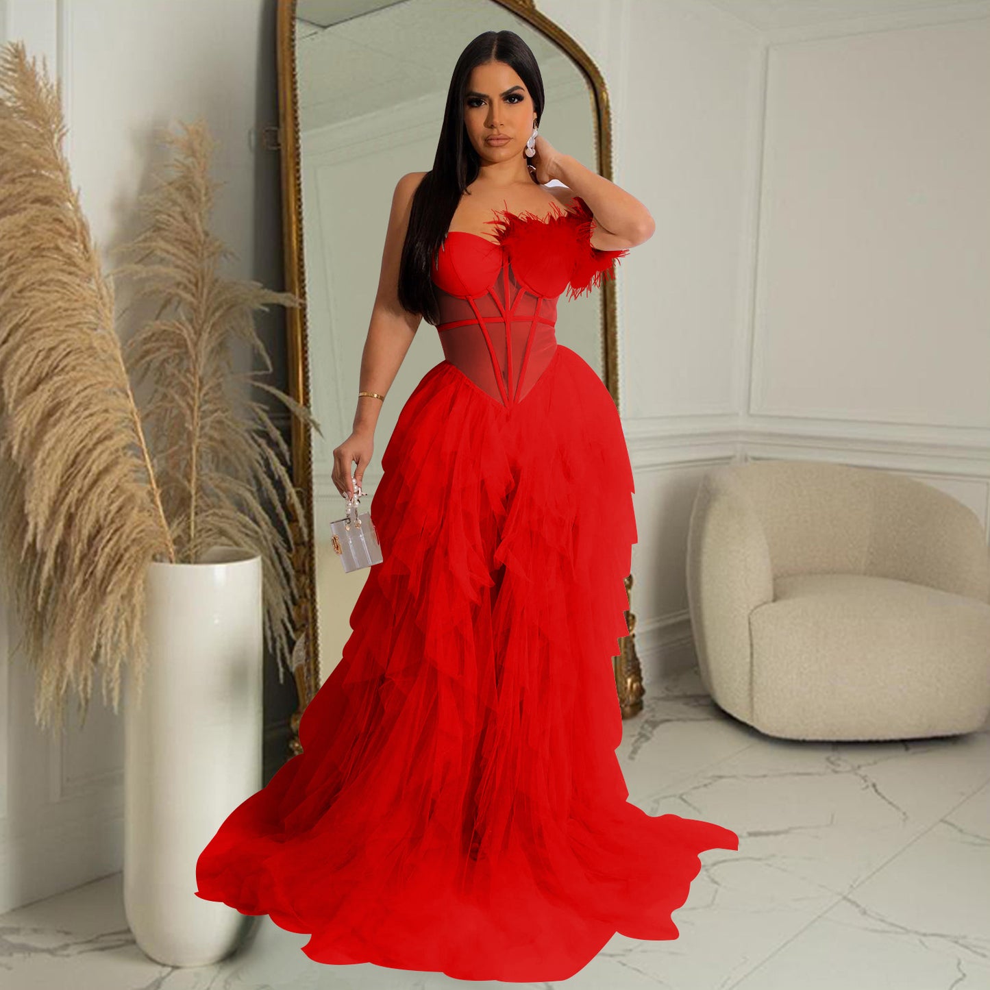 Fashion women's wear X6223 Cross-Border  Fashion Women's Wear Solid Color Sleeveless Chest Wrap Mesh Long Dress Dress