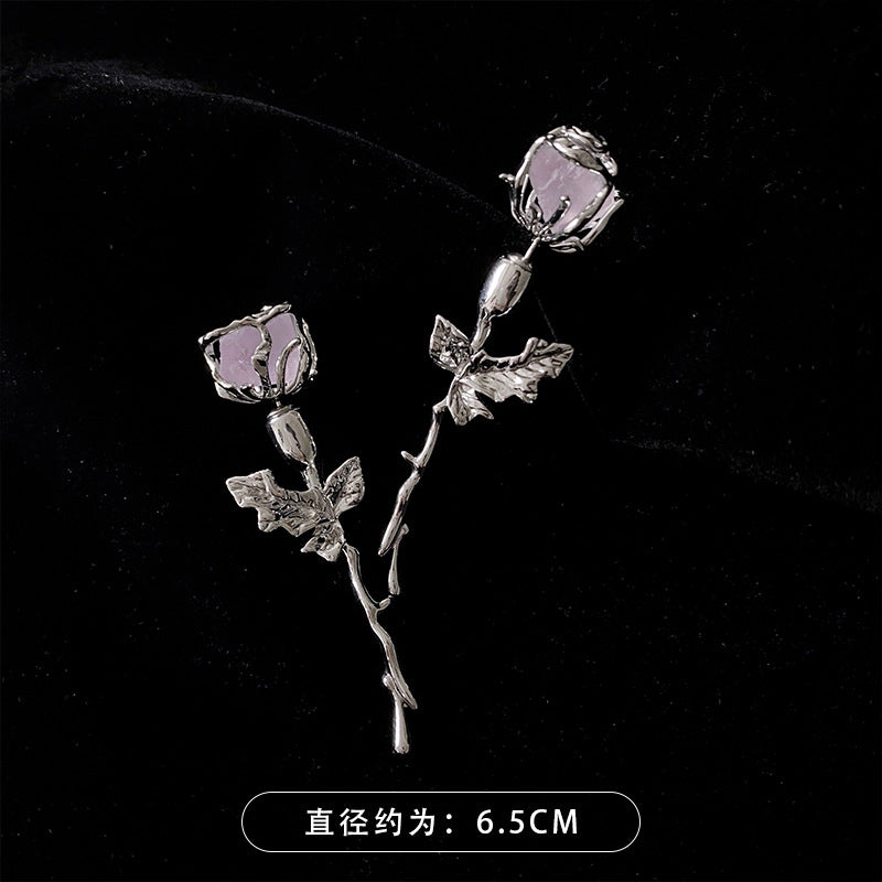 银针紫晶玫瑰花朵双面带耳环韩国小众高级感气质耳钉时尚耳饰批发