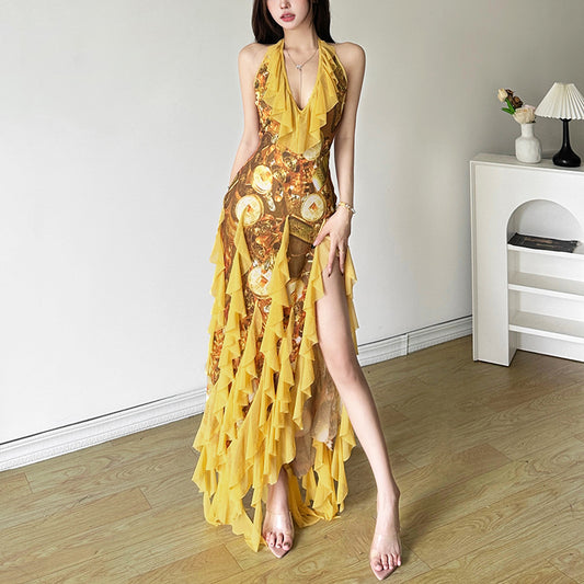 Free shipping  summer new sexy ruffle edge vacation style Spice girl neck suspender skirt woman dress