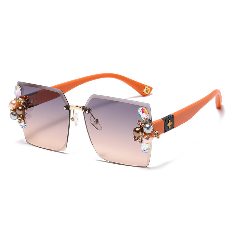 Women's fashion glasses 2023跨境无框切边镶珍珠太阳镜女防紫外线墨镜夏季防晒高级感显瘦