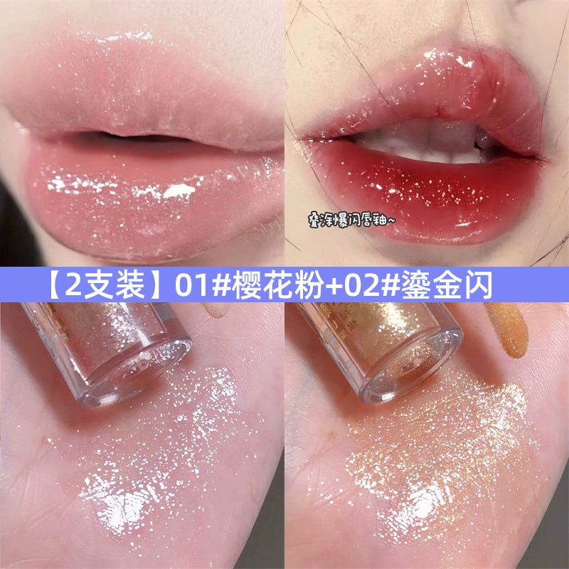 爆闪口红唇釉镜面唇彩细闪透明水光唇蜜亮片口红叠加唇露