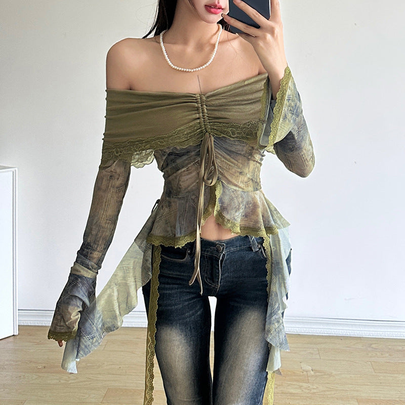 Free shipping  new women's clothing solid color slim-fit street fashion one-word collar long-sleeved halter top tops