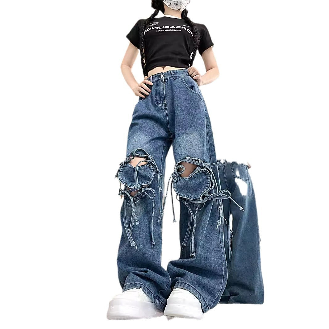 Dopamine pants Free shipping Tattoo Jeans women's spring dopamine wear retro love strap design sense straight women's pants tide