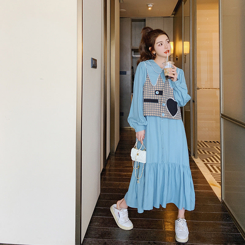 Fashion women's wear Real Shot Tea Series Ladies Long Sleeves Dress Women's Spring and Autumn French Style Gentle Cut Women's Wear Love Vest Suit Skirt