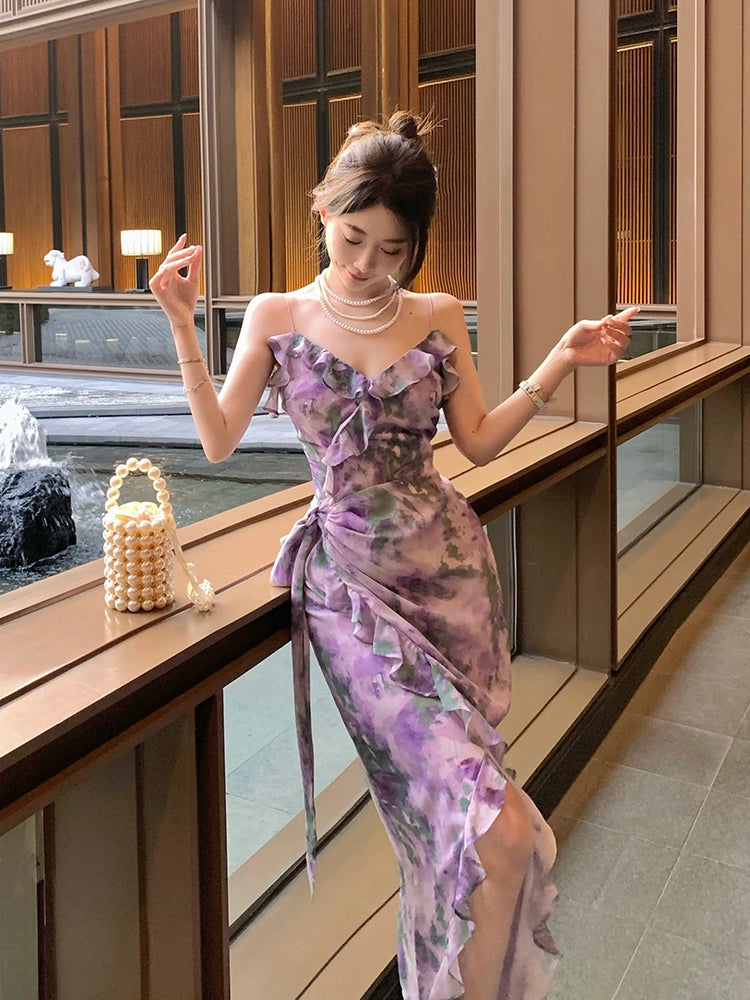 Fashion women's wear Purple Retro Irregular Yunnan Wear Travel Chiffon Floral Strap Dress Seaside Beach Skirt Summer