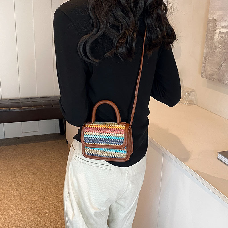 Dopamine Bag Free shipping Tattoo Rainbow Straw Small Square Bag 2024 Summer Popular Dopamine Children's Bag Bow Shoulder Crossbody Lipstick Bag Female