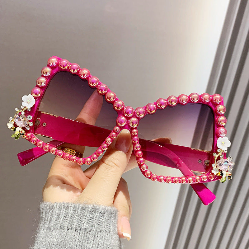 Women's fashion glasses 欧美镶钻眼镜时尚墨镜女跨境不规则镶珍珠太阳镜大框蝴蝶结墨镜