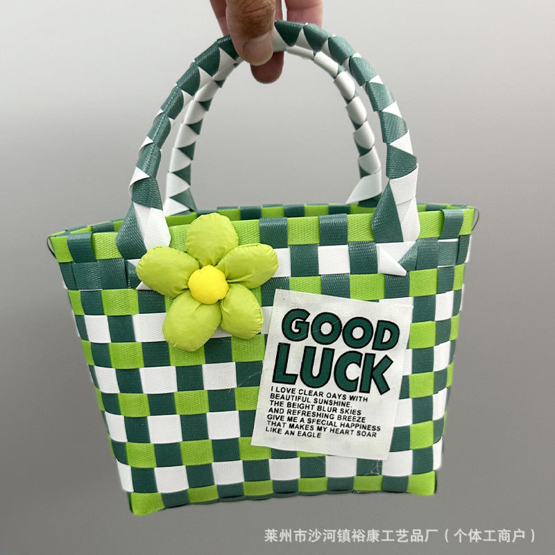 Dopamine Bag Free shipping Tattoo Cartoon dopamine plastic woven bag, trendy macaron hand-woven vegetable basket bag, cute casual seaside beach bag