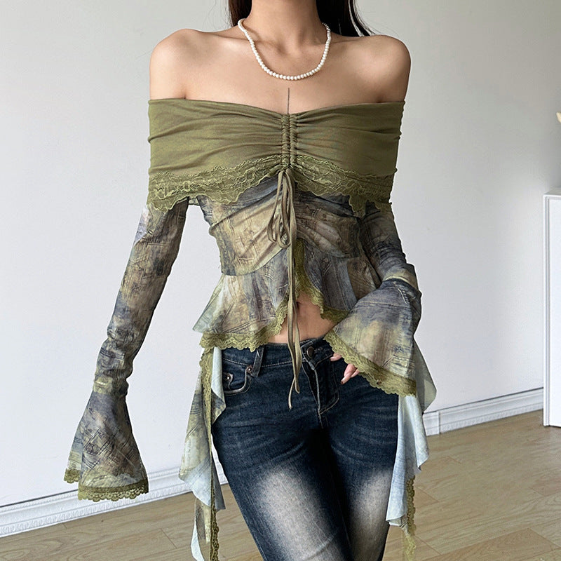 Free shipping  new women's clothing solid color slim-fit street fashion one-word collar long-sleeved halter top tops