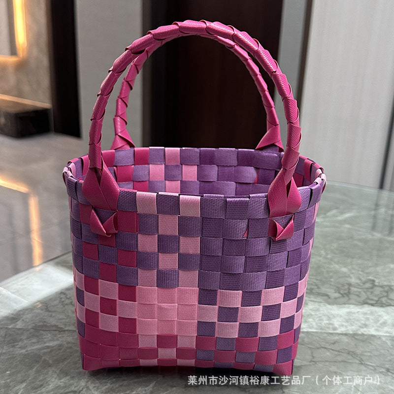 Dopamine Bag Free shipping Tattoo Cartoon dopamine plastic woven bag, trendy macaron hand-woven vegetable basket bag, cute casual seaside beach bag