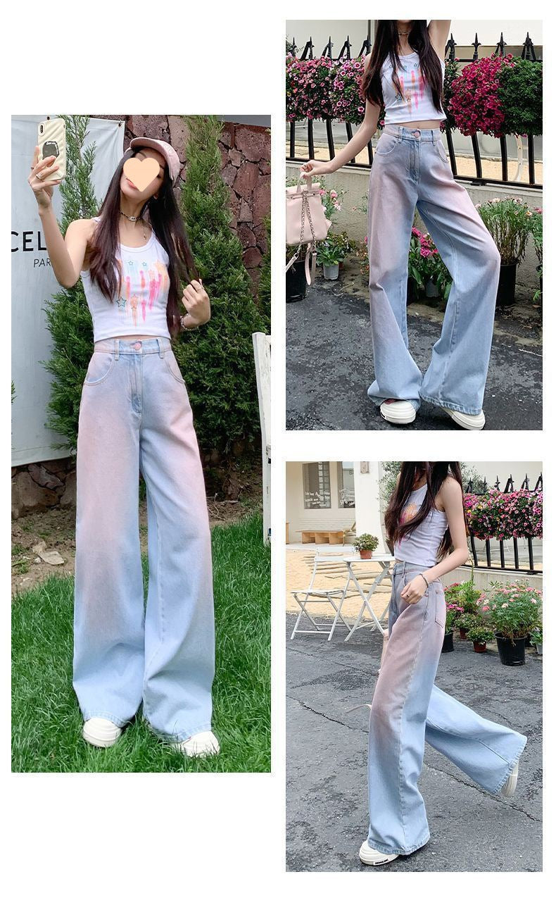 Free shipping Gradual change color design sense blush jeans women's summer dopamine loose and thin straight versatile high waist wide leg pants