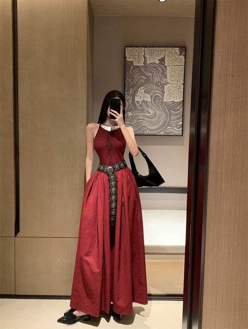 Fashion women's wear New Chinese Style Printed Sleeveless Dress Women's New Waist-Tight Elegant High-Grade Pettiskirt Autumn and Winter Formal Dress