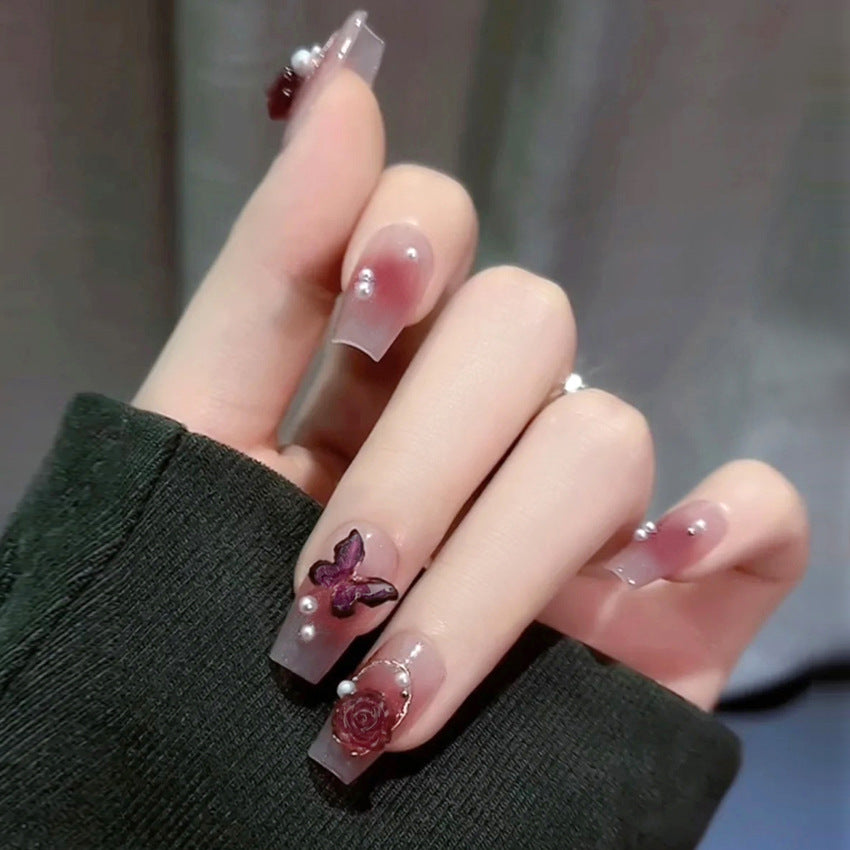 Fashion  nail Dark Rose Red Butterfly Wear Armor Nail Stickers Nail Sticker Nail Patch Finished Blush Nail Shaped Piece A5