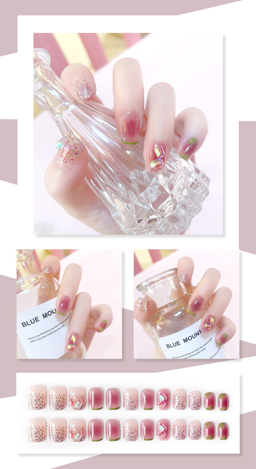 Fashion  nail Internet Celebrity Fake Nail Patch Wear Armor Finished Product Nail Tip Blush Cube Sugar Drill Nail Stickers Disassembly Nail Patch Y57