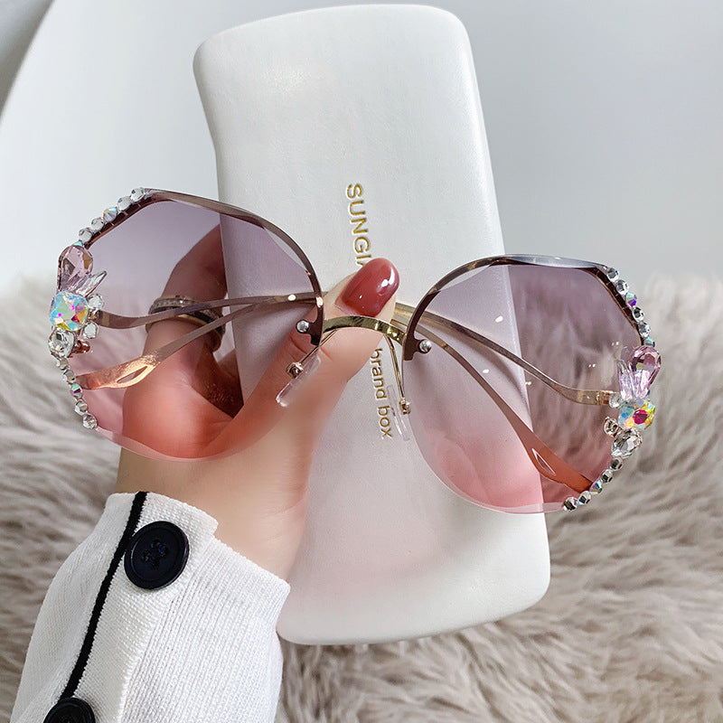 Women's fashion glasses 2024大框跨境韩版水钻太阳眼镜防紫外线水晶墨镜镶钻小香风眼镜女