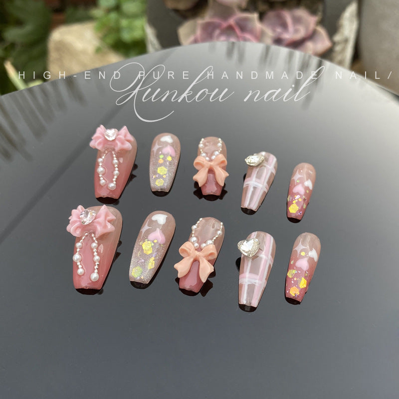 (Hand-Made Nail) Gentle Blush Pure Desire Bow Ice Transparent Bridal Pearl Heart Handmade Wear Nail Finished Detachable Beauty
