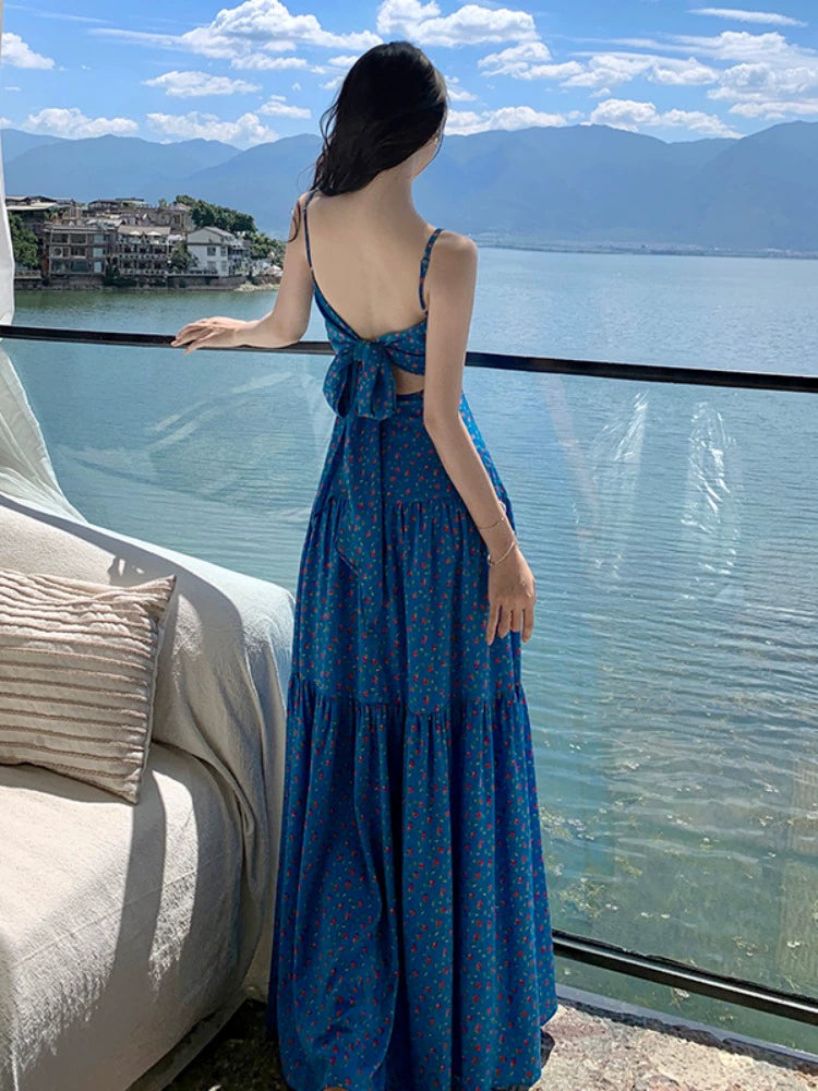 Fashion women's wear off-Shoulder Spaghetti Straps Dress Women's Summer Sanya Seaside Holiday Beach Skirt Floral Backless Waist Trimming Ankle-Length Dress