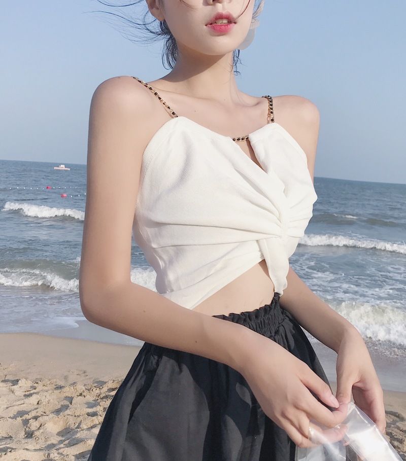 Free shipping  sexy high waist short open button top versatile metal chain tube top bottoming shirt tops