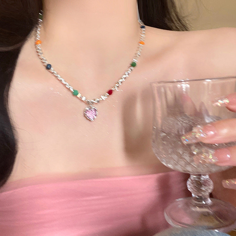 爱心项链女夏甜酷风ins嘻哈潮辣妹小众设计感串珠锁骨链颈链批发