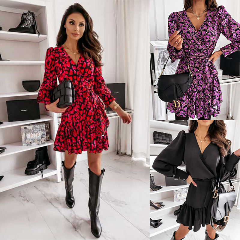 Fashion women's wear Amazon Hot Foreign Trade Women's Clothing Cross-Border European and American Station Spring and Autumn Print V-neck Waist-Controlled Long Sleeves Dress