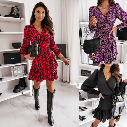 Fashion women's wear Amazon Hot Foreign Trade Women's Clothing Cross-Border European and American Station Spring and Autumn Print V-neck Waist-Controlled Long Sleeves Dress
