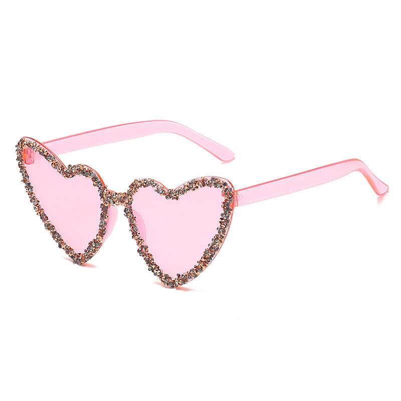 Women's fashion glasses 糖果色爱心镶钻太阳镜女士欧美潮流桃心无框海洋镜片派对墨镜
