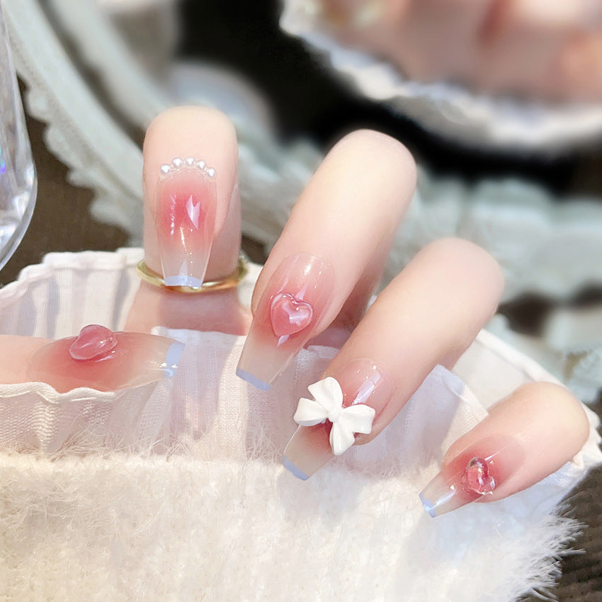 Fashion  nail Fake Nails Mid-Length White Blush Ice Transparent Pink Peach Heart Manicure Wear Nail Detachable Patch Y31