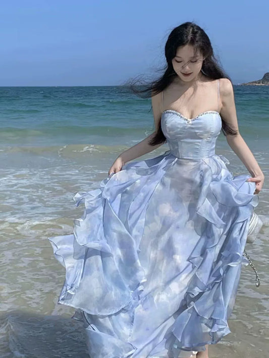 Fashion women's wear French Style Design Niche Sling Dress Women's Seaside Vacation Beach Dress Sunset Fairy Dress Flounced Skirt