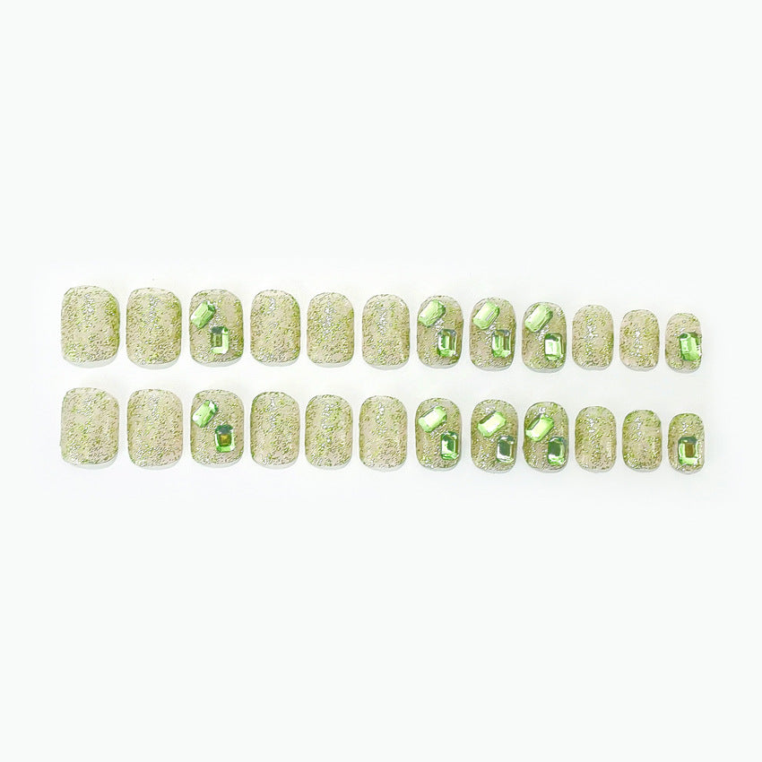 Fashion  nail Internet Celebrity Fake Nail Patch Wear Armor Finished Product Nail Tip Green Square Diamond Nail Stickers Removable Nail Patch Y51