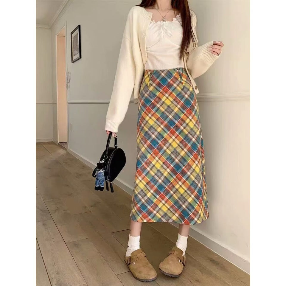 Dopamine dress Free shipping Tattoo Spring, autumn and winter American retro dopamine color skirt fat mm women's high waist and thin hip covering plaid hip wrap skirt