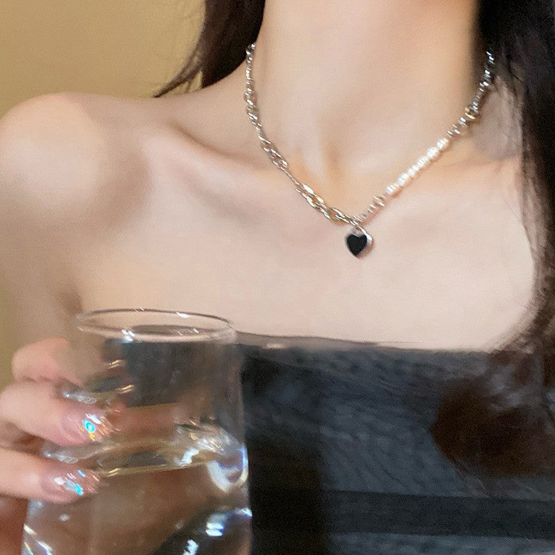 碎银子爱心珍珠串珠项链小众设计感锁骨链时尚甜酷辣妹项饰批发女