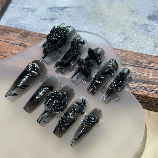 (Hand-made nail) hand-worn nails, dark babes, pure black white patches, finished dragon elements, heavy industry, high-end sense flashing nail art